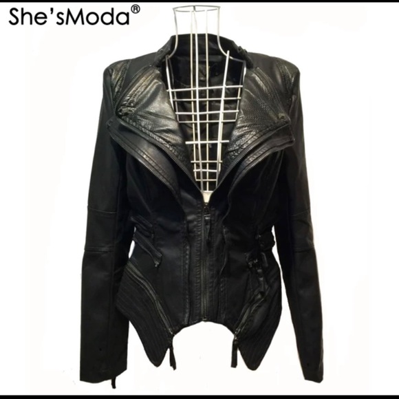 Studded Shoulder Pads Spliced Snake Double Lapels Zipper Dovetail Faux Leather - Picture 4 of 6